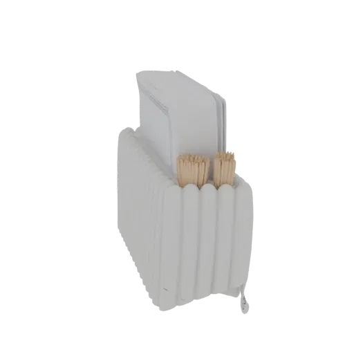 A 3D render of a white fluted napkin holder with toothpicks neatly arranged in a side compartment.