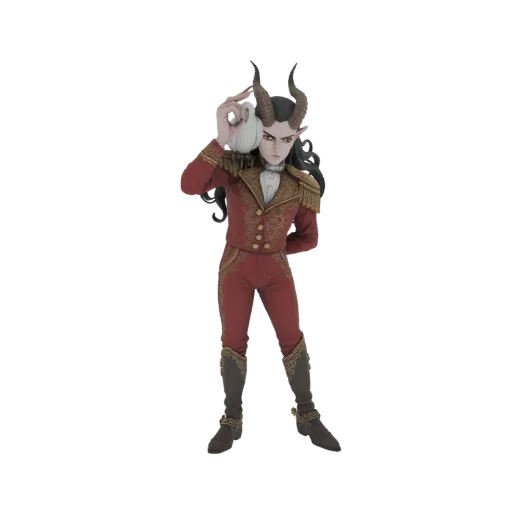 3D model of a demonic noble with dark horns, wearing a red tailcoat with gold embroidery, striking a sophisticated pose.