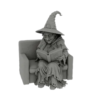 Modelo 3D de una bruja sonriente con sombrero puntiagudo y gafas, leyendo un libro de hechizos sentada en un sillón.
