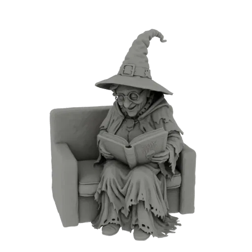 Modello 3D di una strega sorridente con cappello a punta e occhiali, che legge un grimorio seduta su una poltrona.