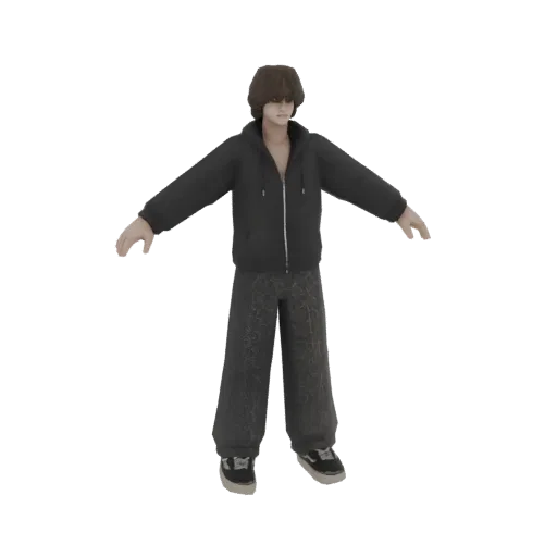 3D model of a young man with brown hair, wearing a black hoodie and dark patterned pants, standing with arms outstretched.