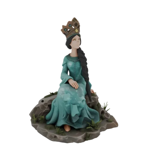 3D model of a queen with a crown and long braid sitting on rocks, detailed for miniature painting.