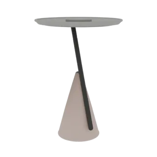 Modelo 3D de uma mesa de apoio moderna com tampo circular cinza, haste angular escura e base cônica bege, sobre um fundo bran