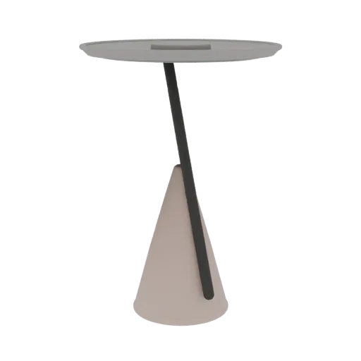 3D model of a modern side table with a grey circular top, dark angled stem, and a beige cone base, set against a white backgr