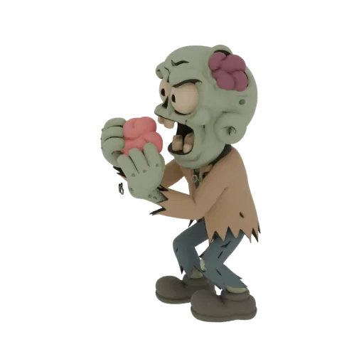 A 3D render of a cartoon zombie with green skin, torn clothes, and large eyes, eagerly eating a pink brain.