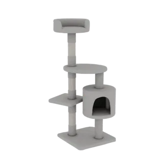 Modelo 3D de un árbol moderno para gatos gris con condo, plataforma circular, plataforma cuadrada y postes rascadores, sobre