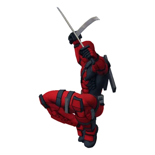 3D model of Deadpool in a crouching pose, holding two swords crossed above his head, wearing his iconic red and black suit.