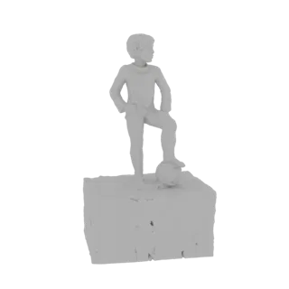 3D model render of a young boy statue with one foot on a soccer ball, standing on a textured base.