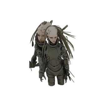 A 3D render of two intertwined cybernetic androids with pale faces, detailed armor, and long, flowing synthetic hair, set aga