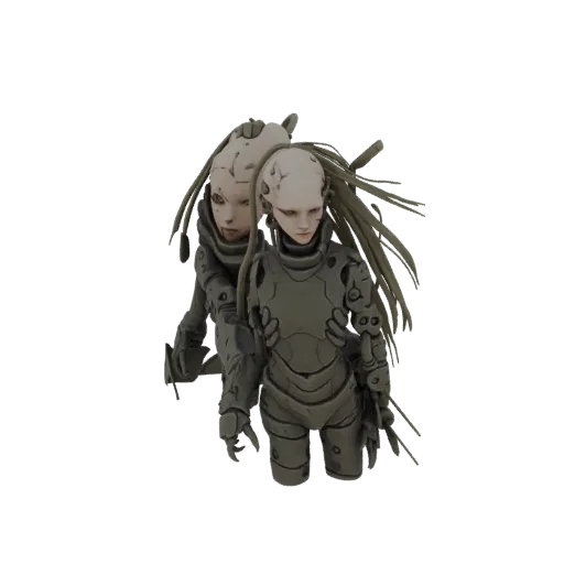 A 3D render of two intertwined cybernetic androids with pale faces, detailed armor, and long, flowing synthetic hair, set aga