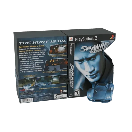 3D model of the SpyHunter: Nowhere to Run PlayStation 2 game case, featuring the game's cover art and a miniature Spy Hunter