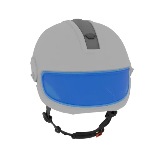 3D model of a futuristic AI scanner helmet with a gray body and blue visor, on a white background.