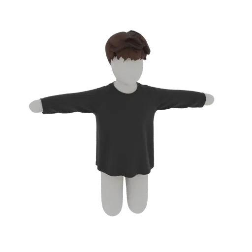 3D model of a male mannequin wearing a dark gray long-sleeve t-shirt in a T-pose, with brown hair, on a white background.