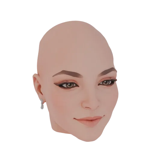 A 3D render of a stylized bald woman's head with dramatic eye makeup and a silver earring, set against a black background.