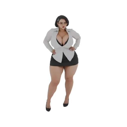 3D model of a confident businesswoman wearing a white blazer and black skirt, with glasses, posed professionally.