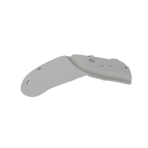 3D render of a curved white protective shield with multiple circular holes, presented against a black background.