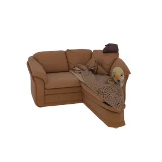 A 3D render of a brown L-shaped sectional sofa with a beige knit blanket and a colorful owl pillow, set against a white backg
