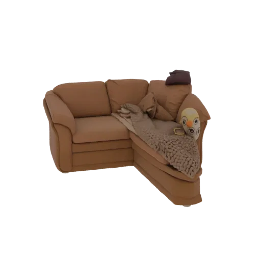 A 3D render of a brown L-shaped sectional sofa with a beige knit blanket and a colorful owl pillow, set against a white backg