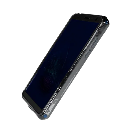 Rugged Gaming Phone 3D model, three-quarter front view, Unity viewport, showing glass screens, thin device proportions.