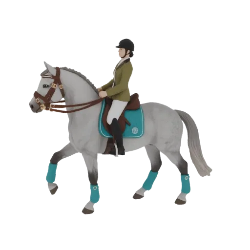 3D model of a light gray show jumping horse with a rider in a green jacket, wearing teal saddle pad and leg wraps.