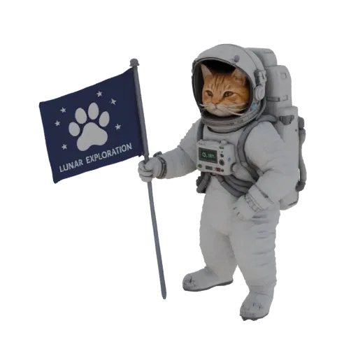 A 3D render of a ginger cat wearing a white astronaut suit and helmet, holding a dark blue flag with a paw print and 'Lunar E