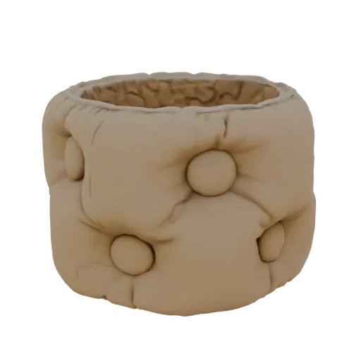 A 3D render of a beige, tufted cylindrical ottoman with deep button details, presented on a black background.