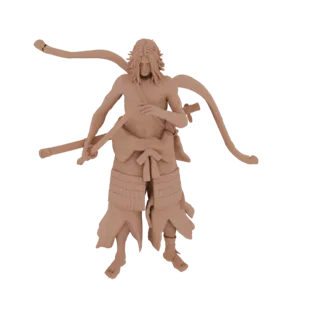 3D model of a samurai warrior with long hair, wearing traditional armor and a flowing scarf, holding a sword.