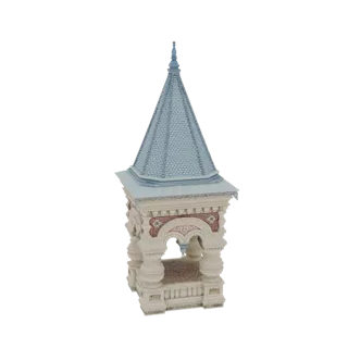 Ein detailliertes 3D-Modell eines traditionellen russischen Pavillon-Turms mit prunkvoller Fassade und blauem Zwiebelturm-Dac