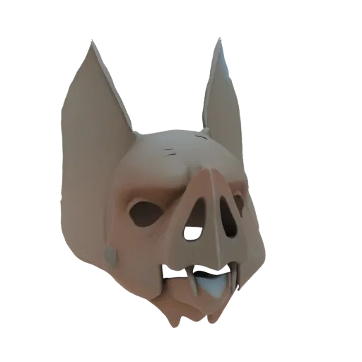 A 3D render of a stylized bat skull mask with sharp fangs and prominent ears, presented on a white background.