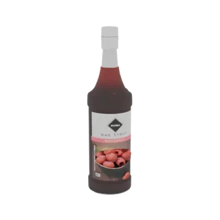 3D model of a BIODA Raspberry Bar Syrup bottle with a label showing raspberries and red syrup.
