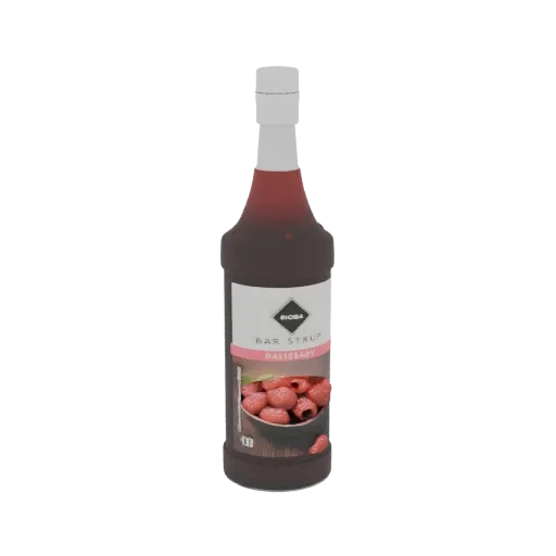 3D model of a BIODA Raspberry Bar Syrup bottle with a label showing raspberries and red syrup.