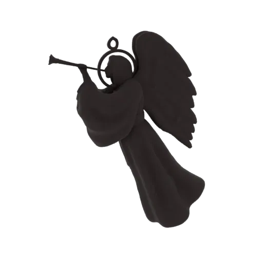 3D model of a dark, silhouetted angel figure with large wings, playing a trumpet, with a halo above its head.