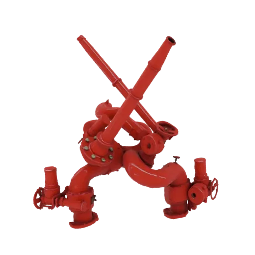 Modèle 3D d'un ensemble rouge de moniteurs doubles anti-incendie avec deux buses croisées, comportant des vannes et une tuyau
