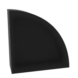 Una renderización 3D de un estante de cuarto de círculo negro mate, presentado sobre un fondo blanco.