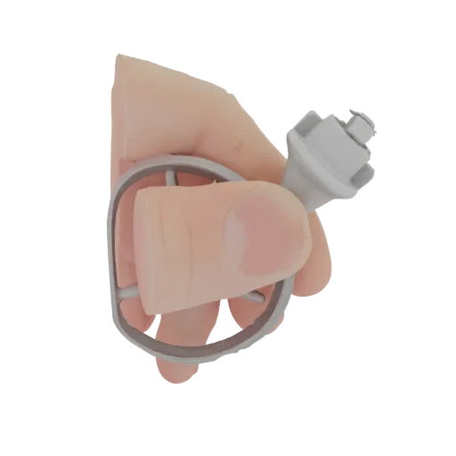 3D render of a realistic human hand holding a small, detailed mechanical component with visible gears and fasteners.