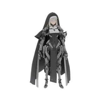 3D model of a cybernetic nun with a black habit, white wimple, and detailed grey mechanical arms and legs, standing against a