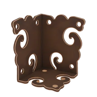 A 3D render of a dark brown, ornate corner bracket with intricate scrollwork and decorative cutouts, shown from an angle agai