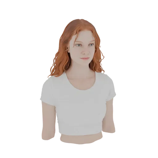 3D model of a young woman with wavy red hair, wearing a white t-shirt, looking slightly to the side.