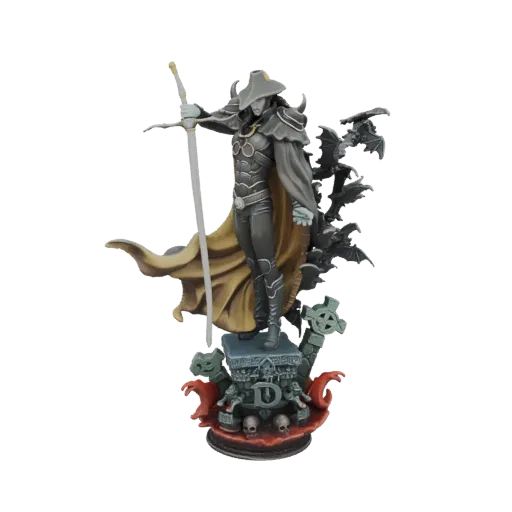 3D model of a Gothic Vampire Lord figure with a sword, wearing dark armor and a golden cape, standing on a detailed base with skulls.