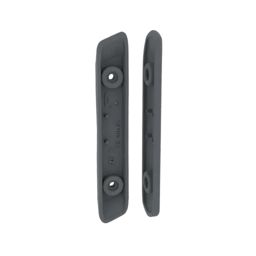 3D model of a gray plastic mounting bracket with screw holes, shown from two angles against a black background.