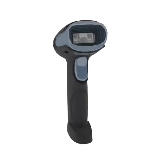 A 3D model of a black and grey handheld barcode scanner with a scanning window at the top.