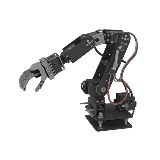 3D model of a black and grey robotic arm with a multi-fingered gripper, shown against a white background.