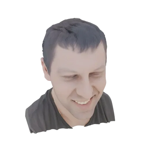 3D model render of a man with short dark hair looking down with a slight smile, wearing a black t-shirt.