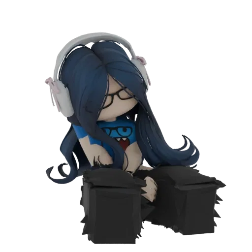 3D model of a chibi gamer girl sitting down, wearing large white and pink headphones, a blue t-shirt with a monster graphic,