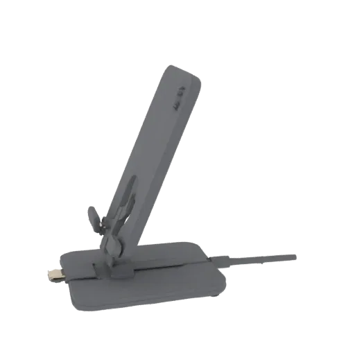 3D model of a modern adjustable angle phone desk stand in gray.