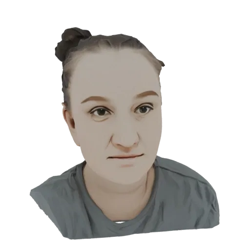 Rendu 3D d'une jeune femme avec les cheveux en chignon, portant un t-shirt gris, sur fond blanc.