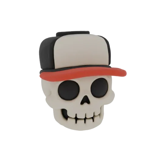 3D-Render eines stilisierten Schädels mit Baseballkappe und rotem Schirm.