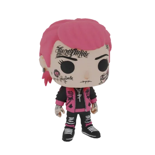 3D model of a punk character with pink hair, tattoos, and a pink and black jacket, in a Funko Pop style.