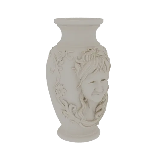 Modèle 3D de vase classique avec portrait détaillé en bas-relief et ornements floraux, rendu dans un matériau mat ressemblant