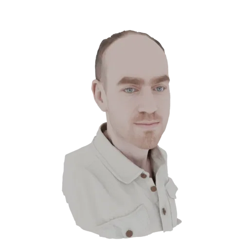3D model render of a man's bust with blue eyes, wearing a light-colored collared shirt.